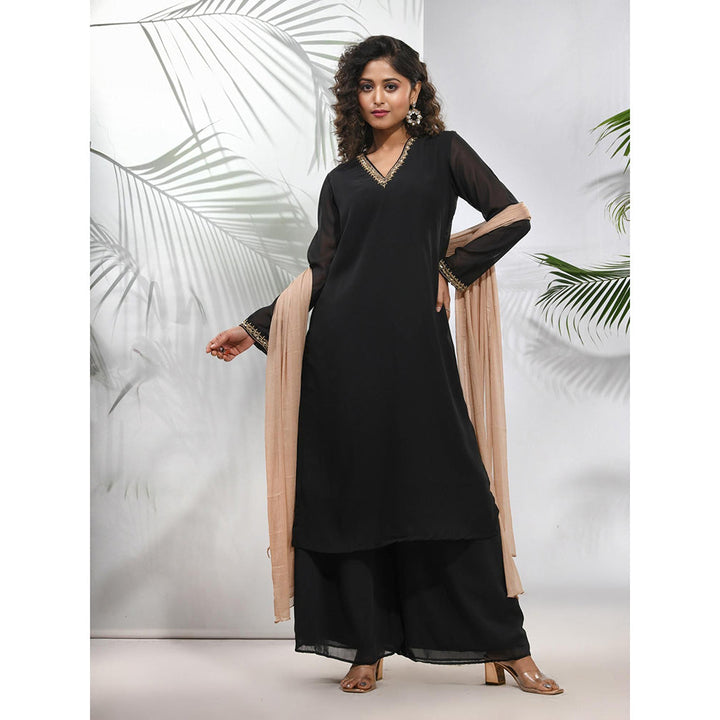 CHARUKRITI Black Georgette Kurta with Palazzo and Dupatta with Beads Work (Set of 3)