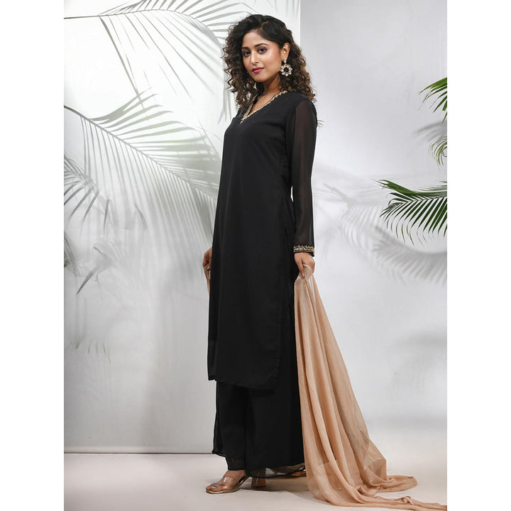 CHARUKRITI Black Georgette Kurta with Palazzo and Dupatta with Beads Work (Set of 3)