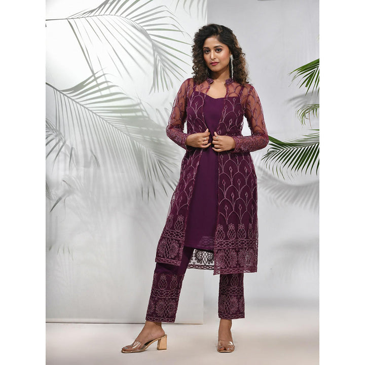 CHARUKRITI Purple Georgette Kurta with Floral Embroidery Jacket and Pant (Set of 3)