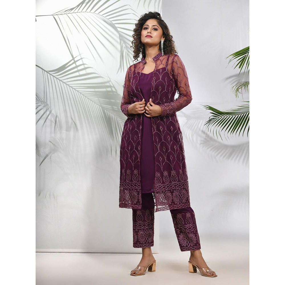 CHARUKRITI Purple Georgette Kurta with Floral Embroidery Jacket and Pant (Set of 3)