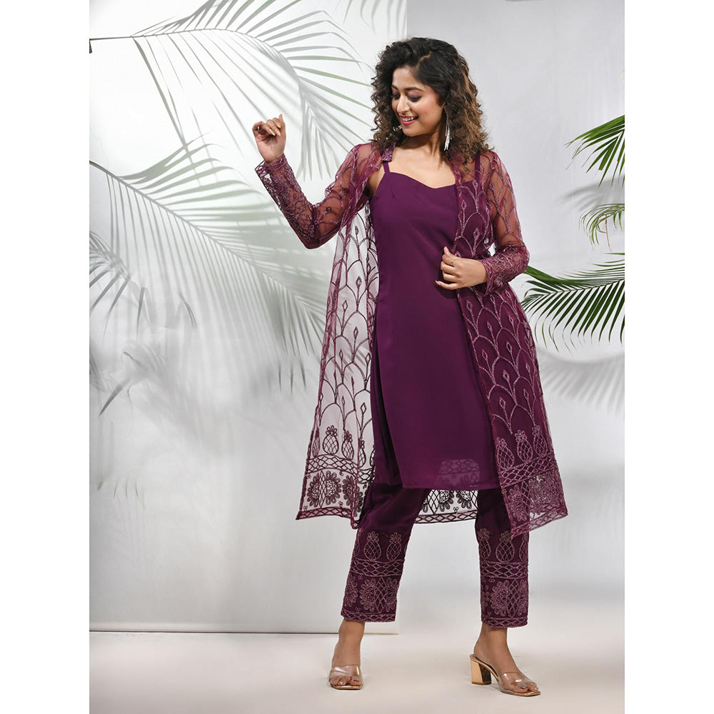 CHARUKRITI Purple Georgette Kurta with Floral Embroidery Jacket and Pant (Set of 3)