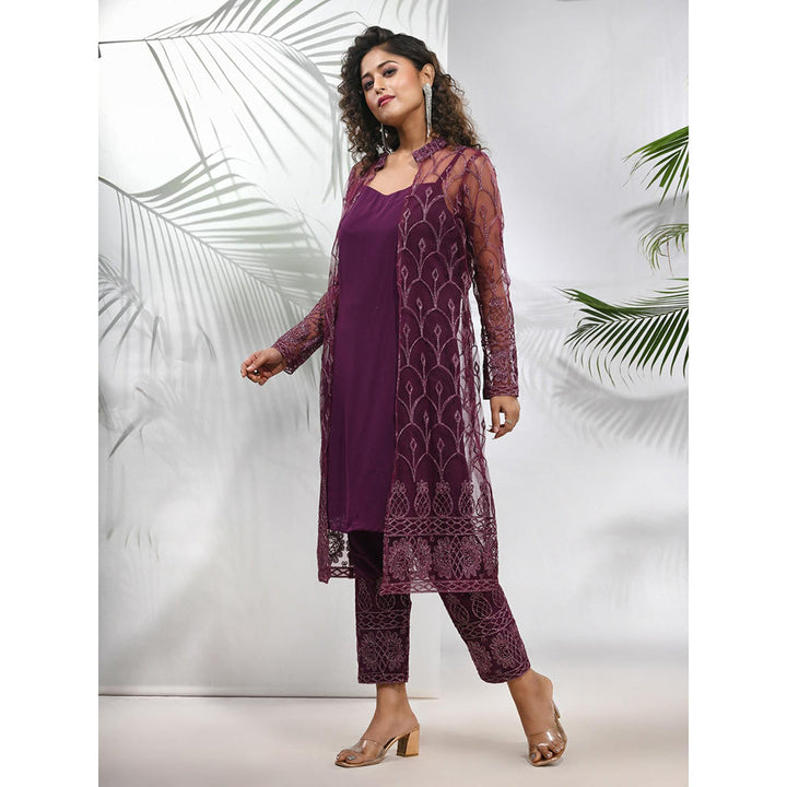 CHARUKRITI Purple Georgette Kurta with Floral Embroidery Jacket and Pant (Set of 3)