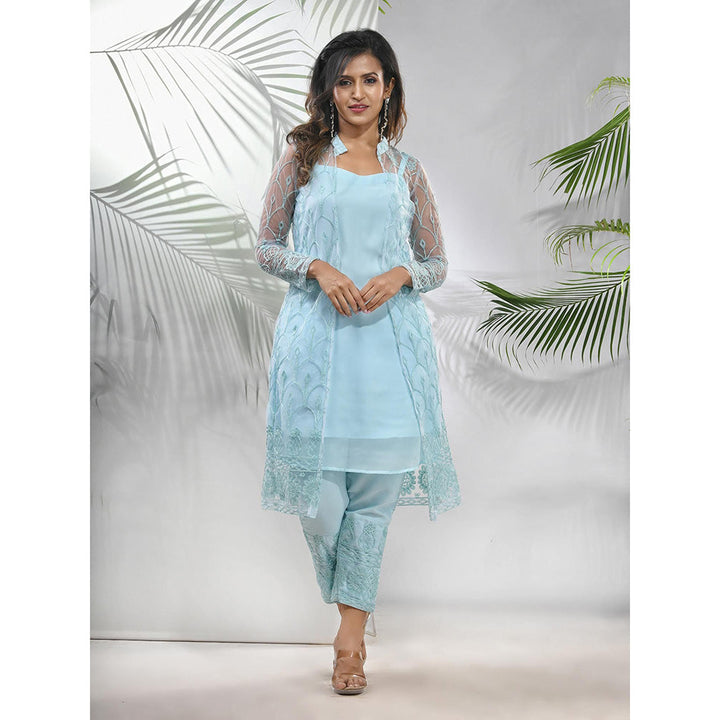 CHARUKRITI Sea Green Georgette Kurta with Floral Embroidery Jacket and Pant (Set of 3)