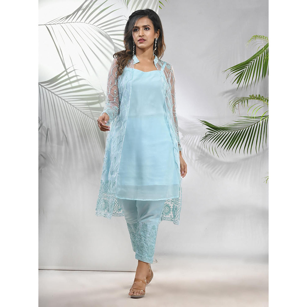 CHARUKRITI Sea Green Georgette Kurta with Floral Embroidery Jacket and Pant (Set of 3)