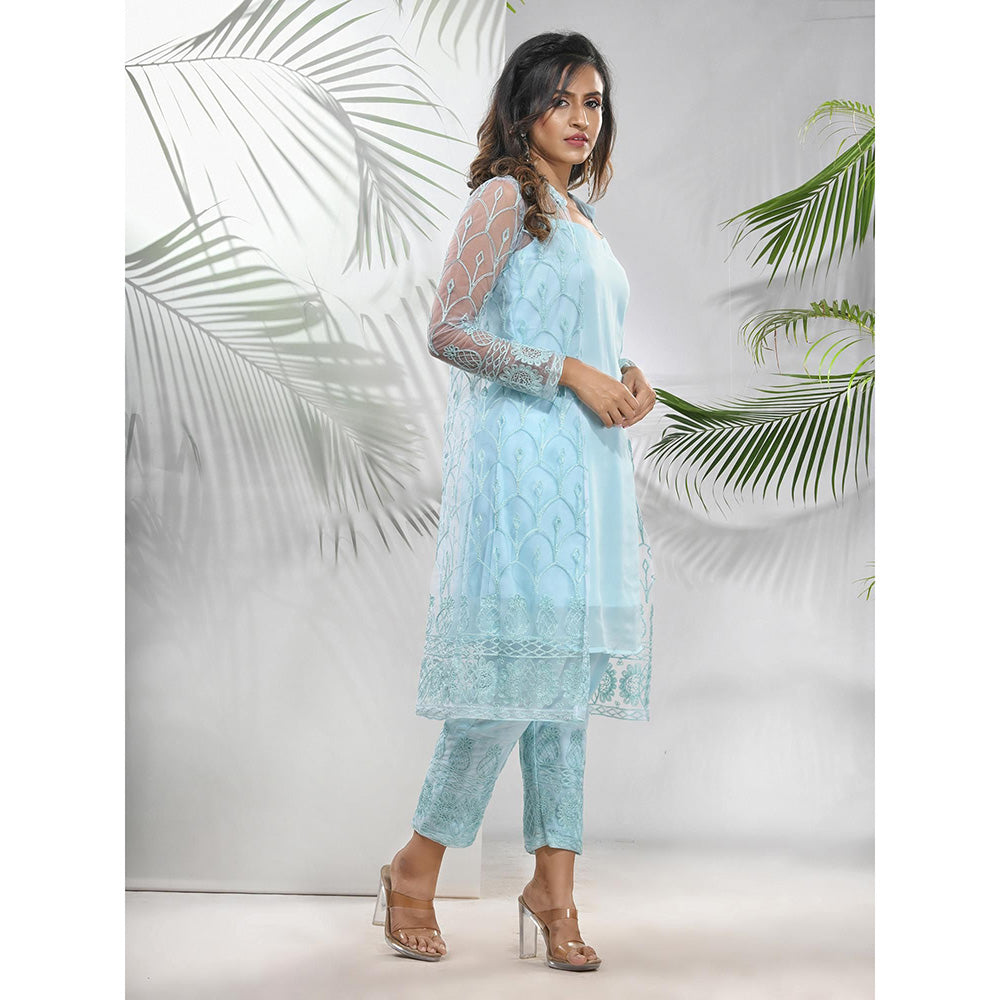 CHARUKRITI Sea Green Georgette Kurta with Floral Embroidery Jacket and Pant (Set of 3)