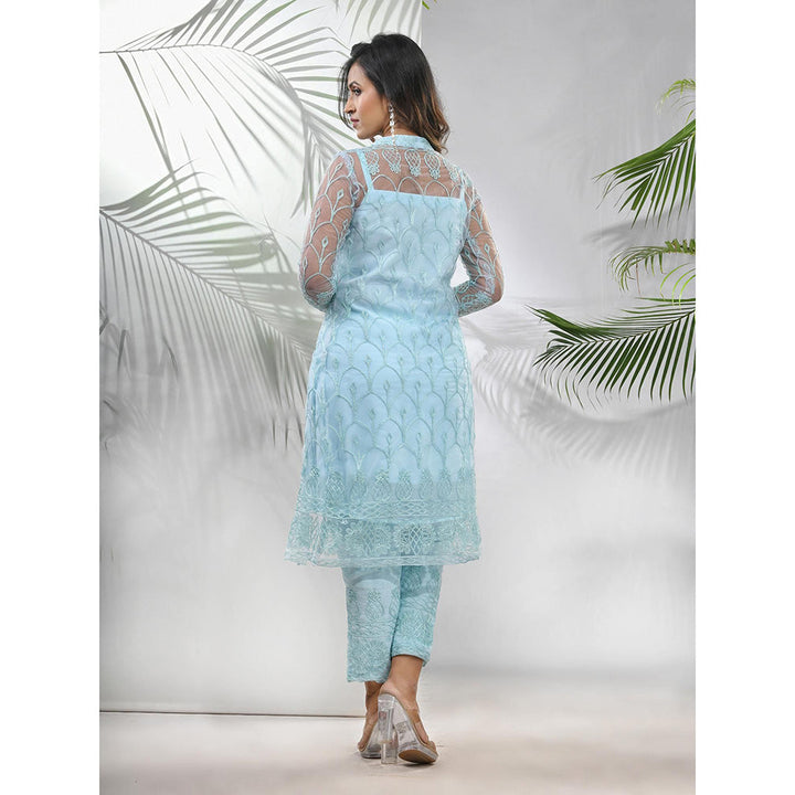 CHARUKRITI Sea Green Georgette Kurta with Floral Embroidery Jacket and Pant (Set of 3)