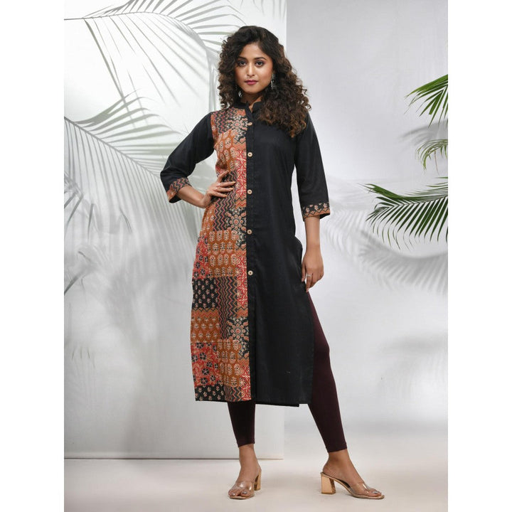 CHARUKRITI Black Cotton Ajrak Printed Straight Kurta