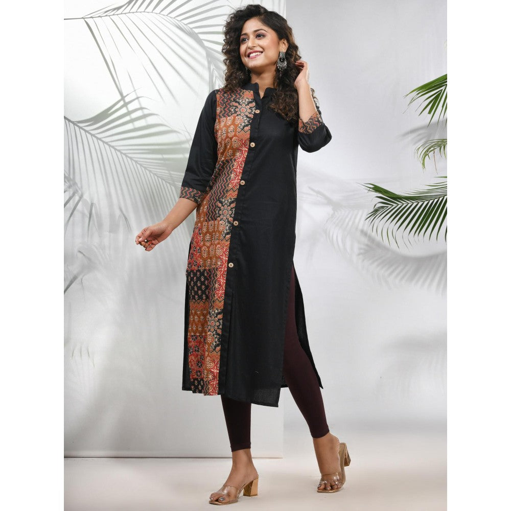 CHARUKRITI Black Cotton Ajrak Printed Straight Kurta