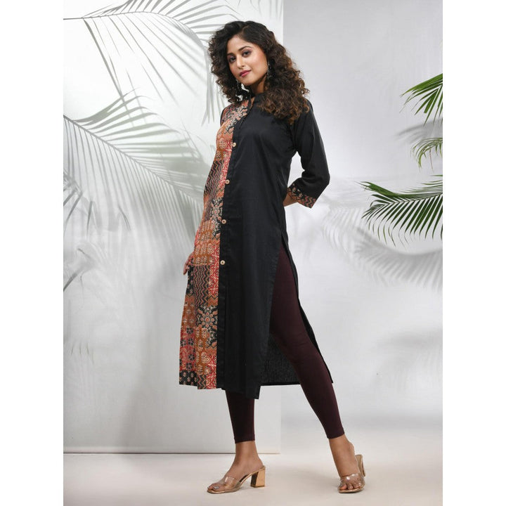 CHARUKRITI Black Cotton Ajrak Printed Straight Kurta