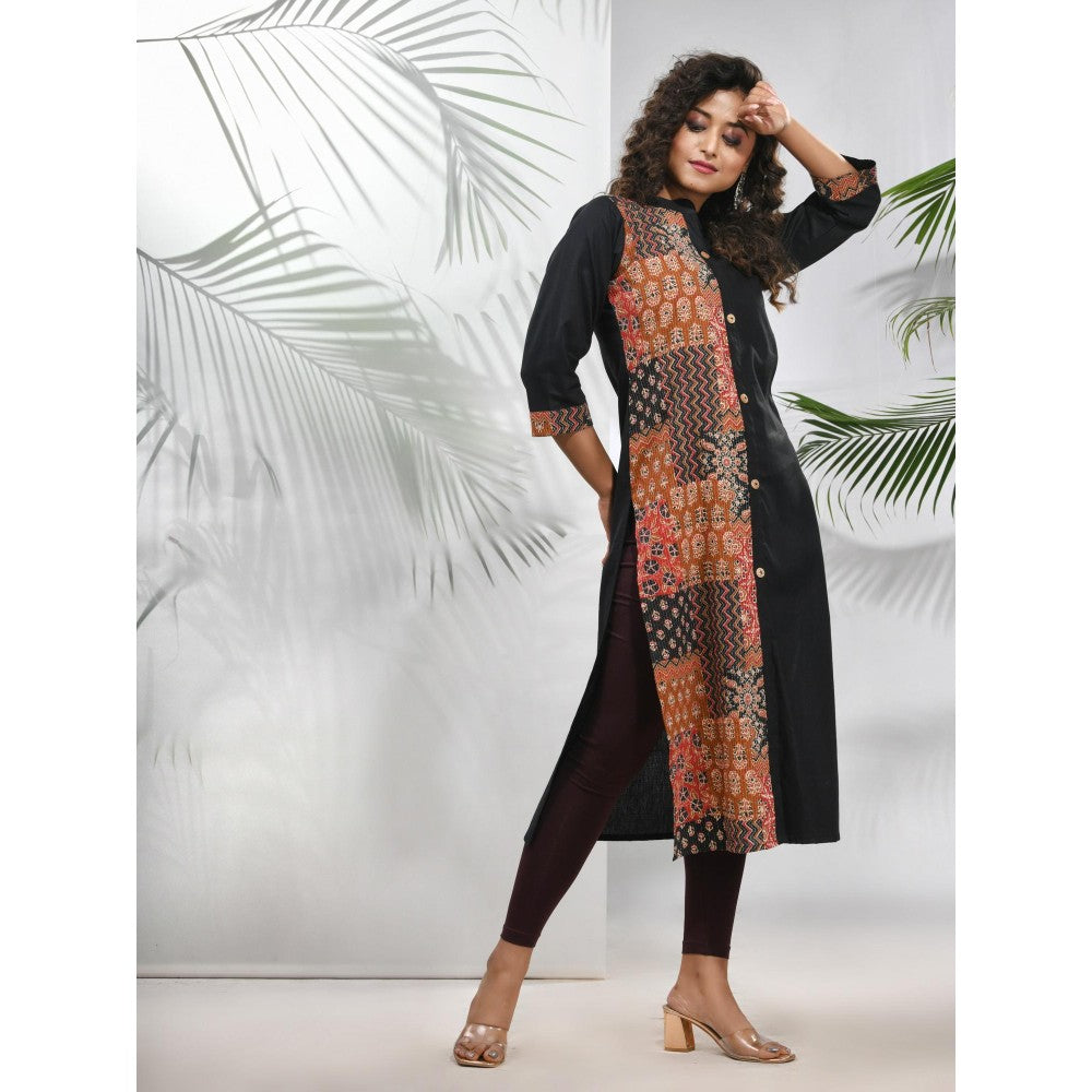 CHARUKRITI Black Cotton Ajrak Printed Straight Kurta