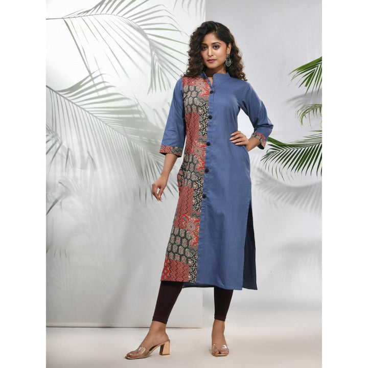 CHARUKRITI Grey Cotton Ajrak Printed Straight Kurta