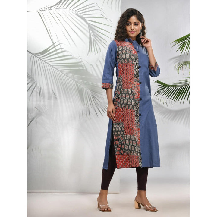 CHARUKRITI Grey Cotton Ajrak Printed Straight Kurta