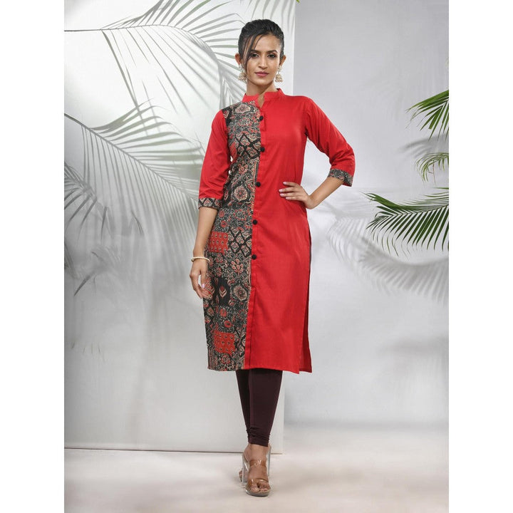 CHARUKRITI Red Cotton Ajrak Printed Straight Kurta