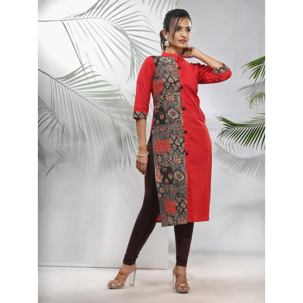 CHARUKRITI Red Cotton Ajrak Printed Straight Kurta