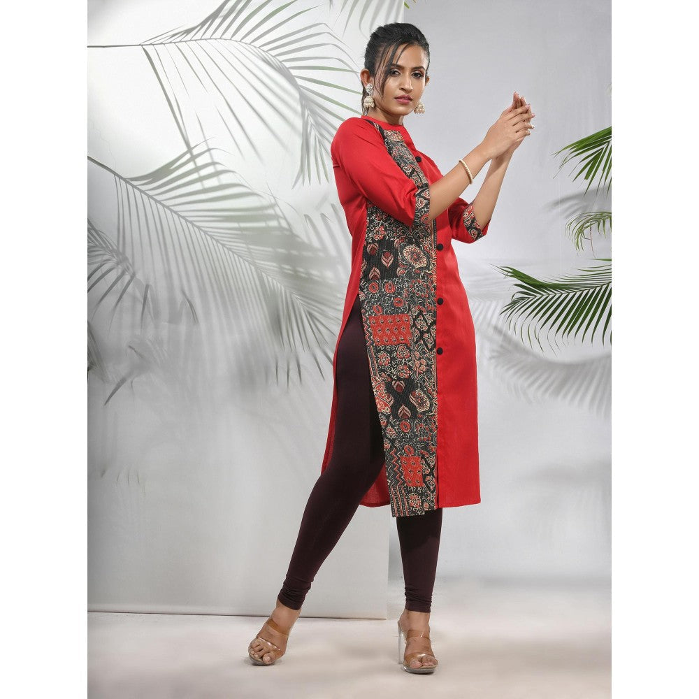 CHARUKRITI Red Cotton Ajrak Printed Straight Kurta