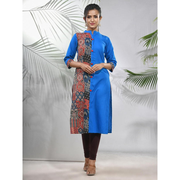 CHARUKRITI Cobalt Blue Cotton Ajrak Printed Straight Kurta