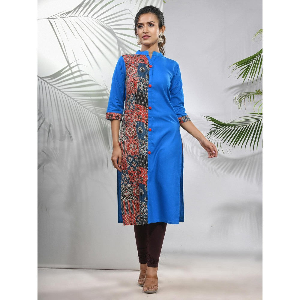 CHARUKRITI Cobalt Blue Cotton Ajrak Printed Straight Kurta