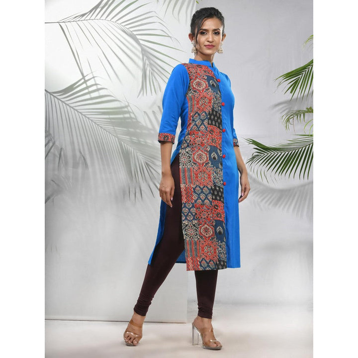 CHARUKRITI Cobalt Blue Cotton Ajrak Printed Straight Kurta