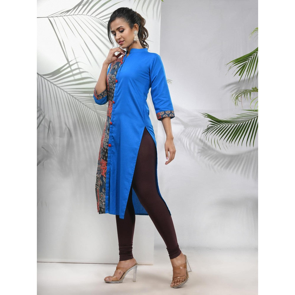 CHARUKRITI Cobalt Blue Cotton Ajrak Printed Straight Kurta