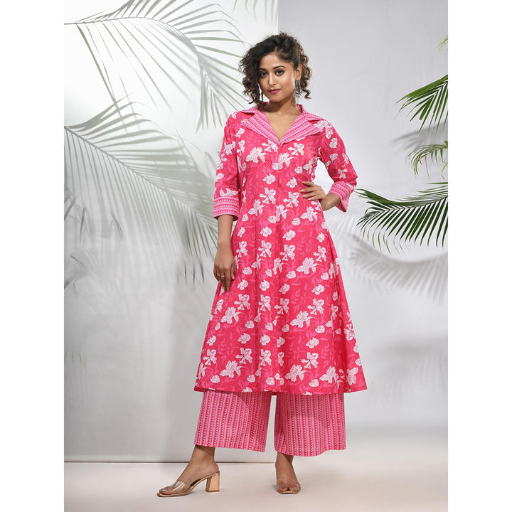 CHARUKRITI Pink Cotton Floral Printed A-Line Kurta with Pant (Set of 2)