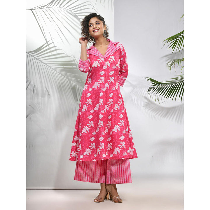 CHARUKRITI Pink Cotton Floral Printed A-Line Kurta with Pant (Set of 2)