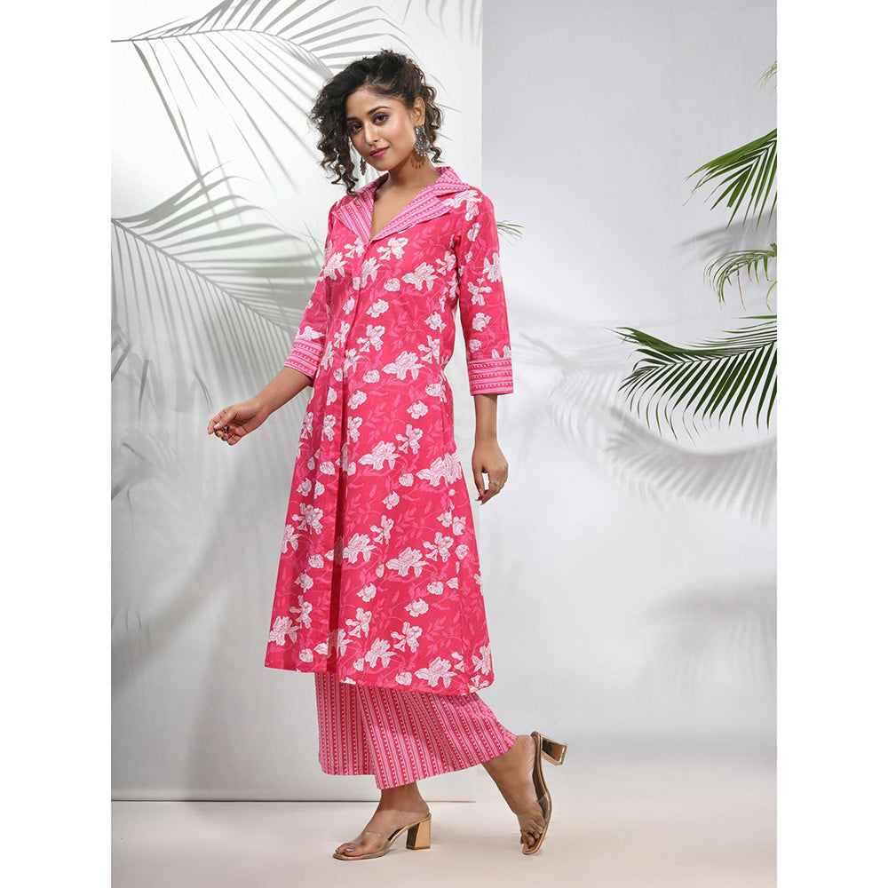 CHARUKRITI Pink Cotton Floral Printed A-Line Kurta with Pant (Set of 2)