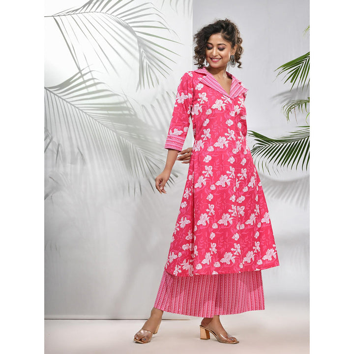 CHARUKRITI Pink Cotton Floral Printed A-Line Kurta with Pant (Set of 2)