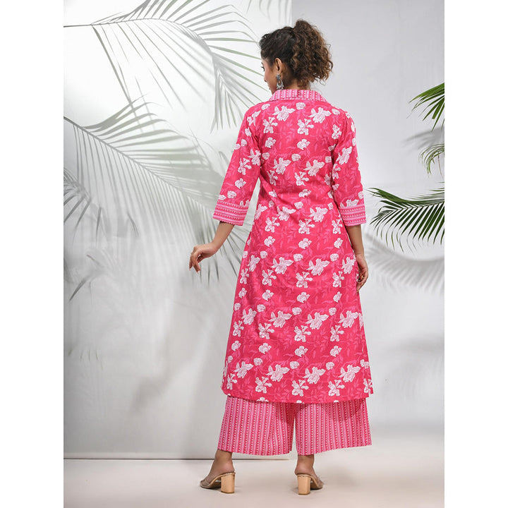 CHARUKRITI Pink Cotton Floral Printed A-Line Kurta with Pant (Set of 2)