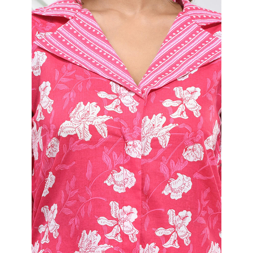 CHARUKRITI Pink Cotton Floral Printed A-Line Kurta with Pant (Set of 2)