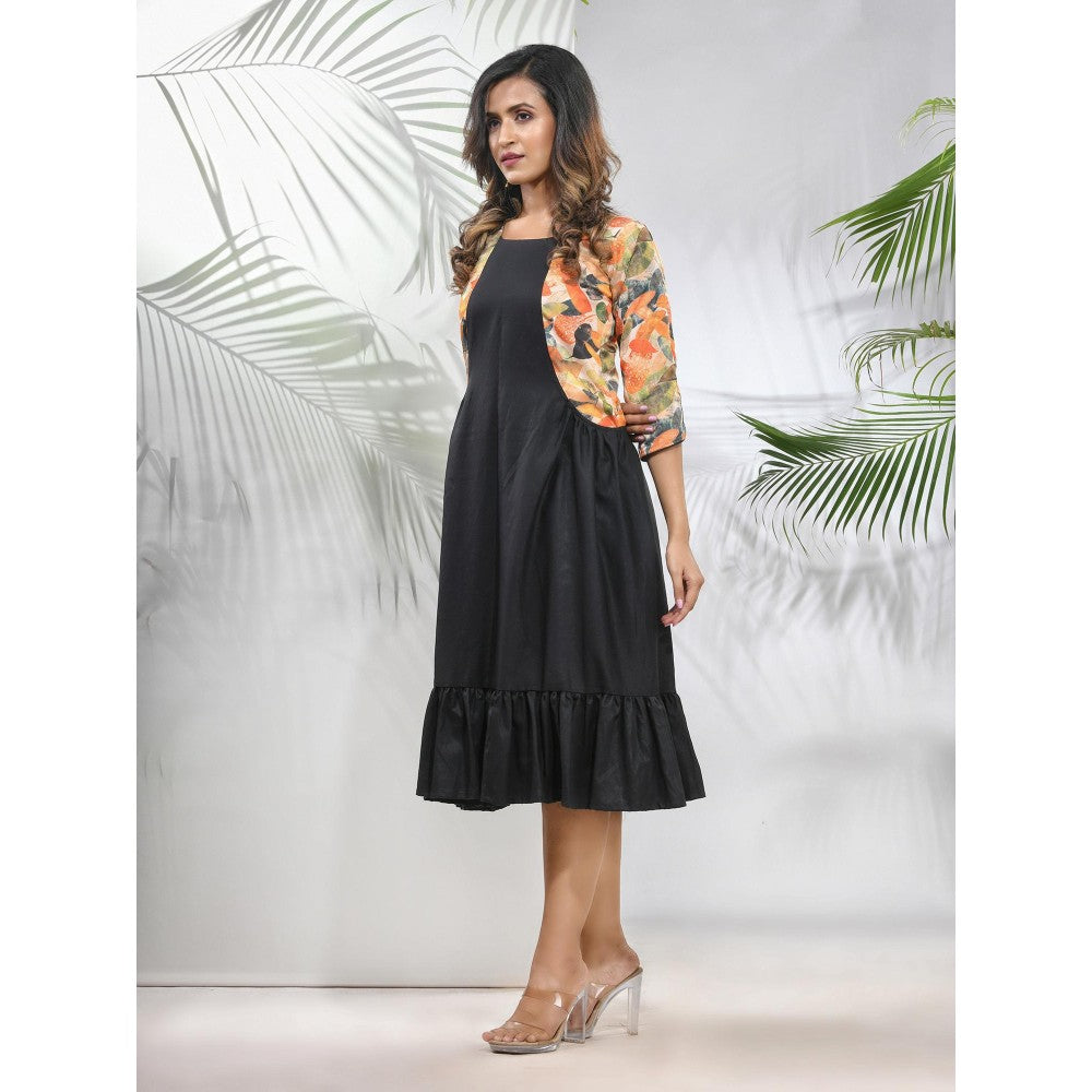 CHARUKRITI Black Cotton Ruffled Ethnic Midi Dress with Printed Jacket (Set of 2)