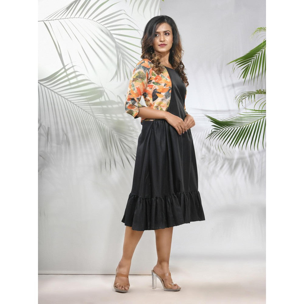 CHARUKRITI Black Cotton Ruffled Ethnic Midi Dress with Printed Jacket (Set of 2)