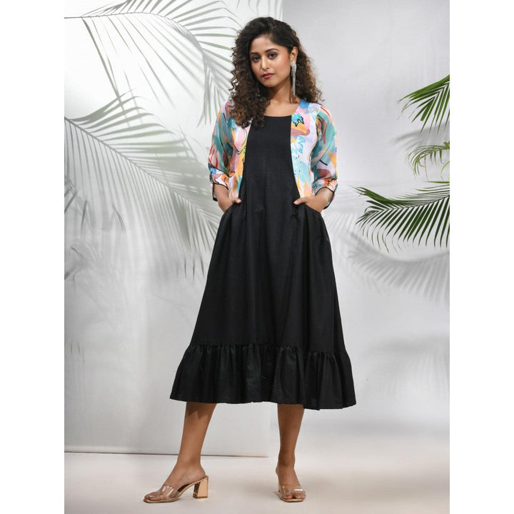 CHARUKRITI Black Cotton Ruffled Ethnic Midi Dress with Printed Jacket (Set of 2)