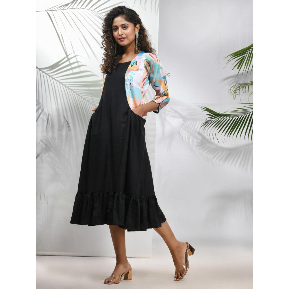 CHARUKRITI Black Cotton Ruffled Ethnic Midi Dress with Printed Jacket (Set of 2)