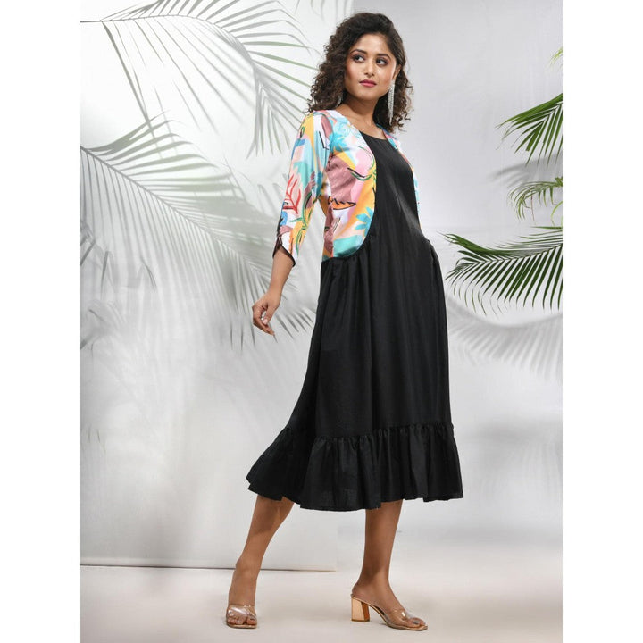 CHARUKRITI Black Cotton Ruffled Ethnic Midi Dress with Printed Jacket (Set of 2)