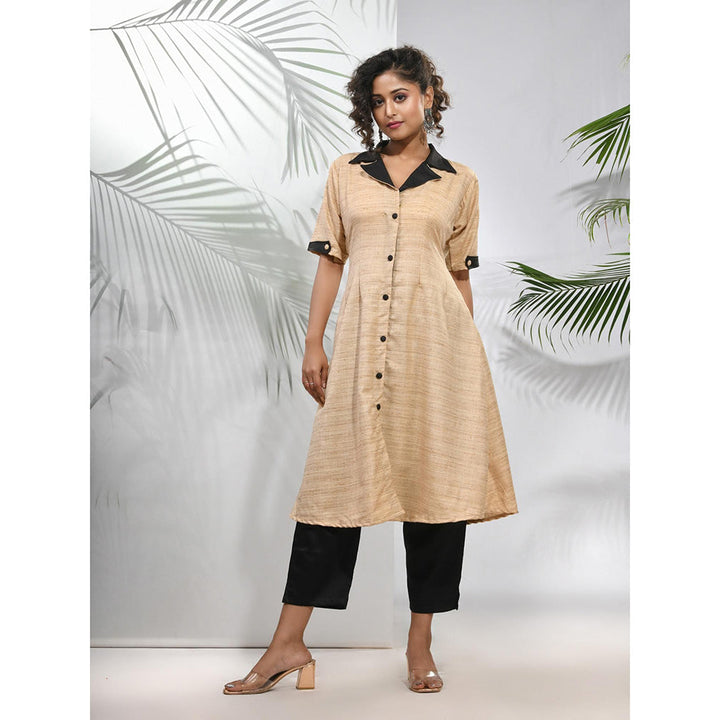 CHARUKRITI Beige Matka Solid A-Line Kurta with Pant (Set of 2)