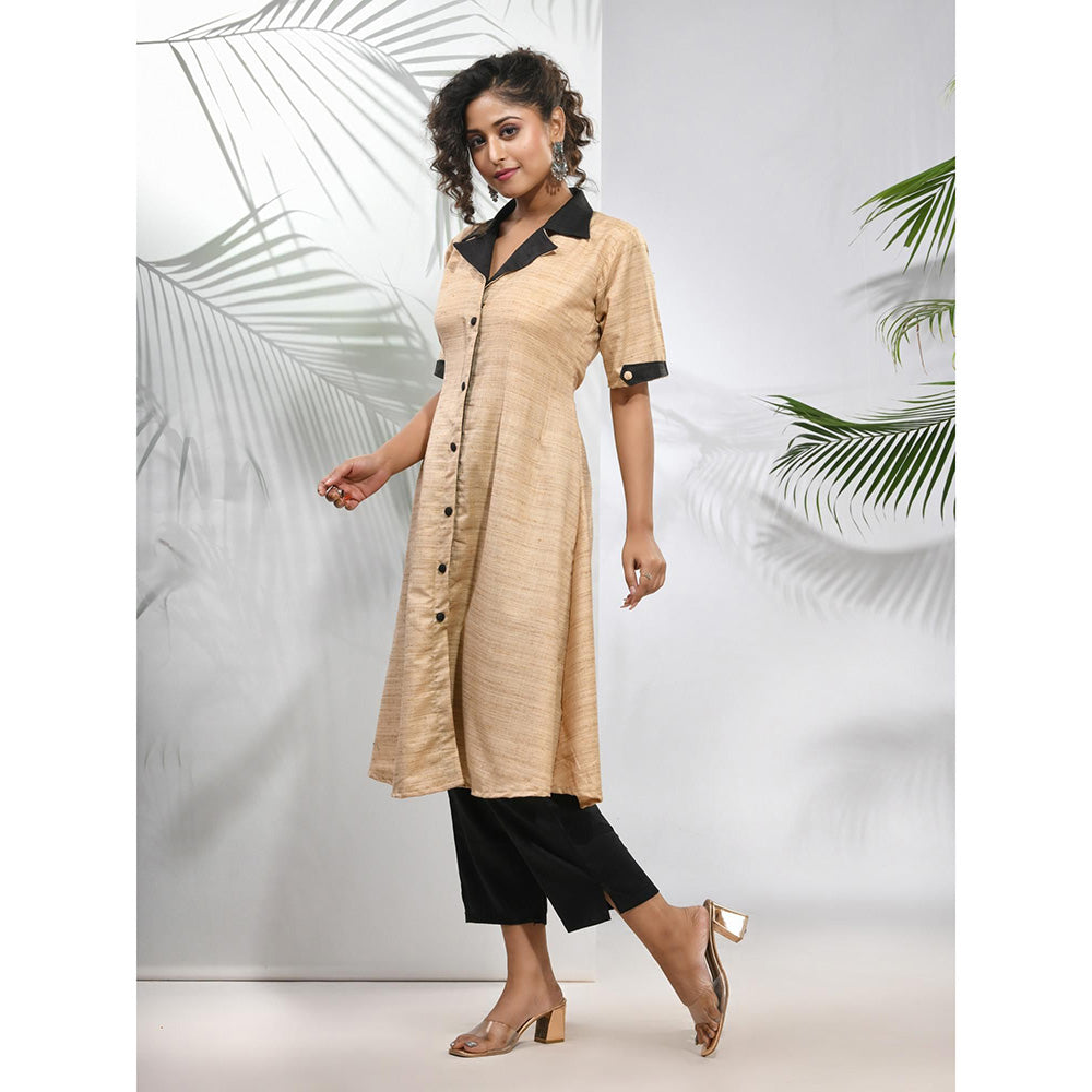 CHARUKRITI Beige Matka Solid A-Line Kurta with Pant (Set of 2)