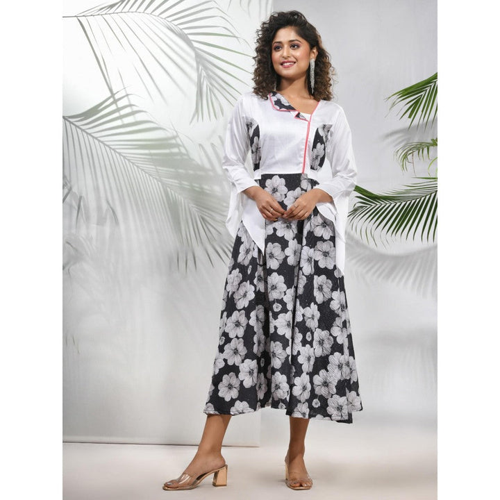 CHARUKRITI Black & White Chinon Ethnic Dress with Floral Print