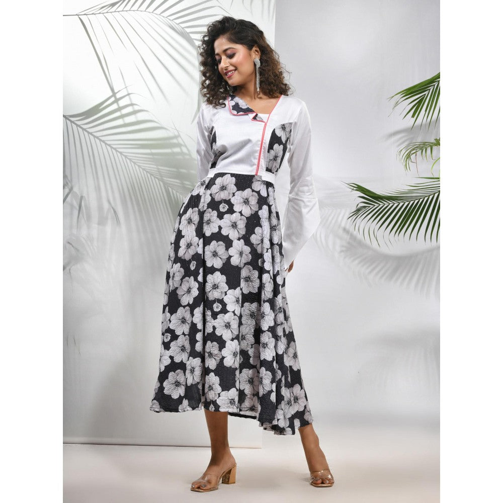 CHARUKRITI Black & White Chinon Ethnic Dress with Floral Print