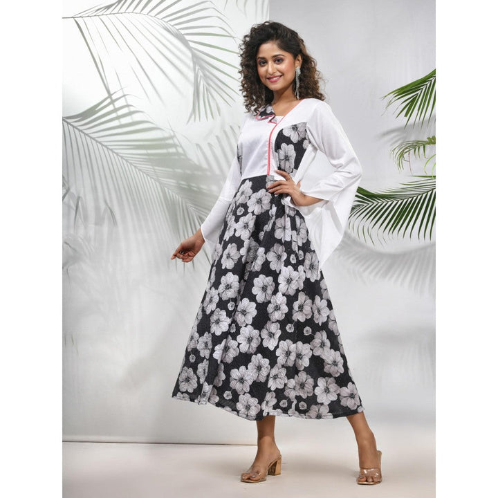 CHARUKRITI Black & White Chinon Ethnic Dress with Floral Print