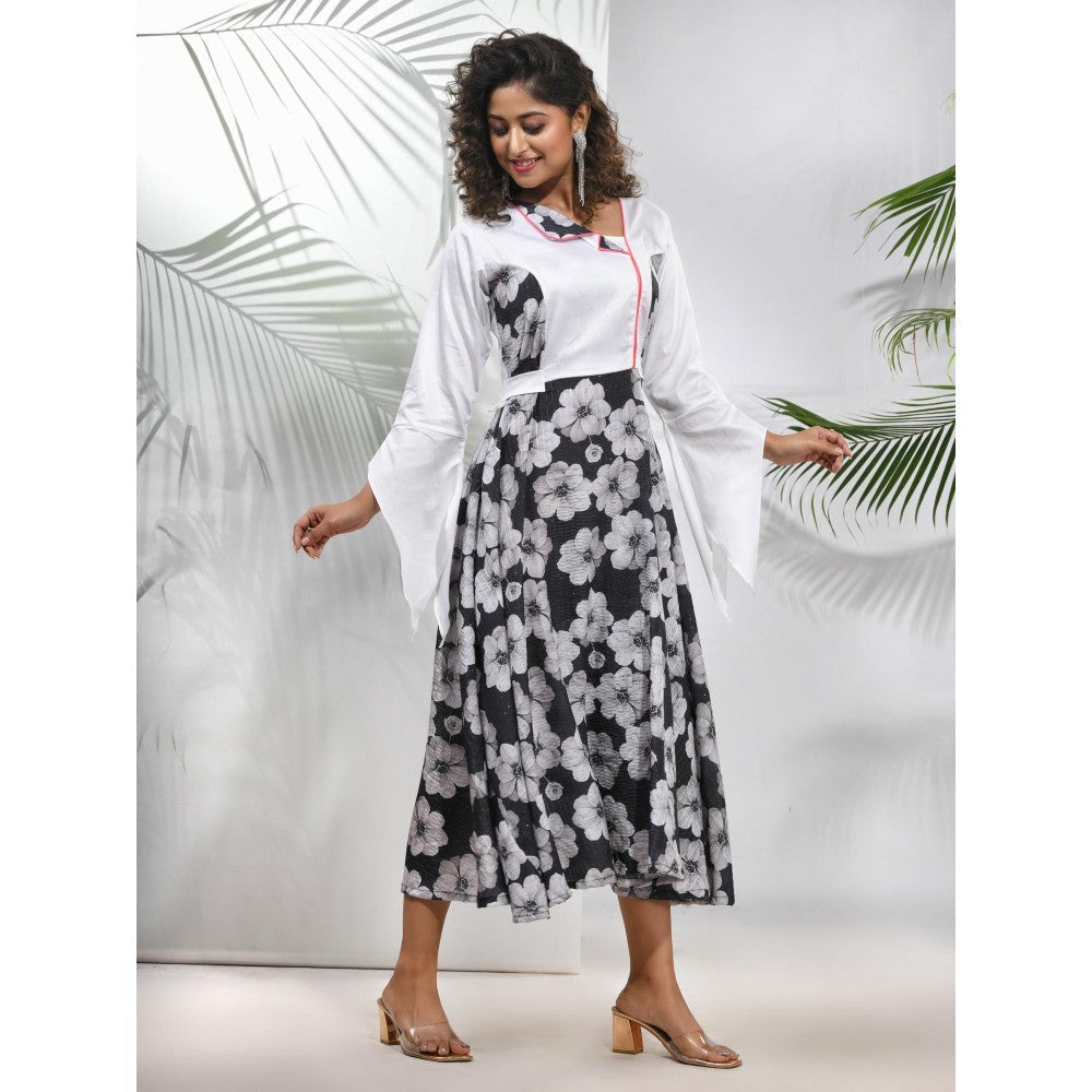 CHARUKRITI Black & White Chinon Ethnic Dress with Floral Print