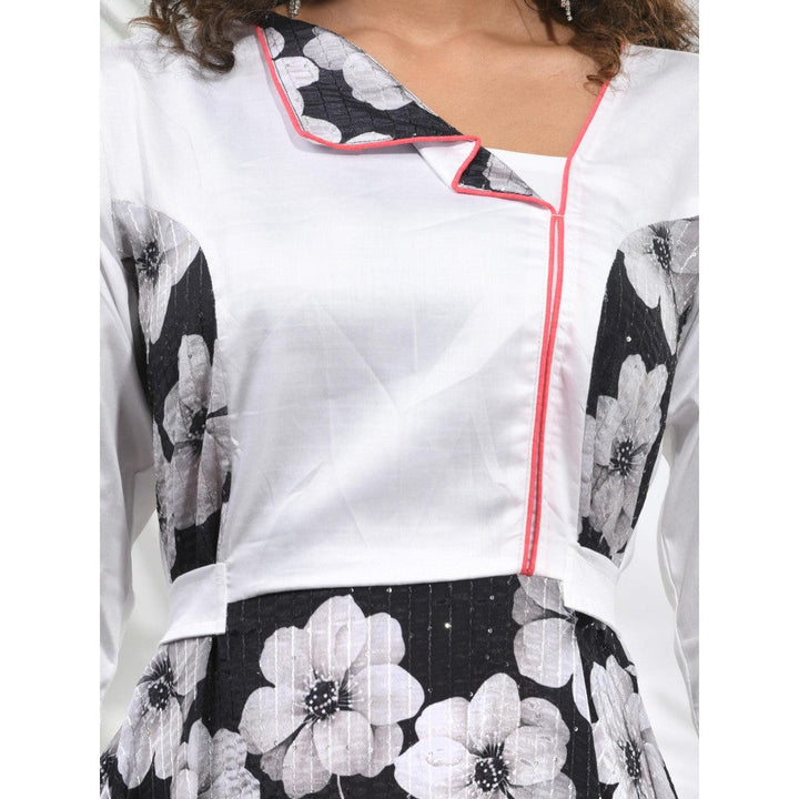 CHARUKRITI Black & White Chinon Ethnic Dress with Floral Print