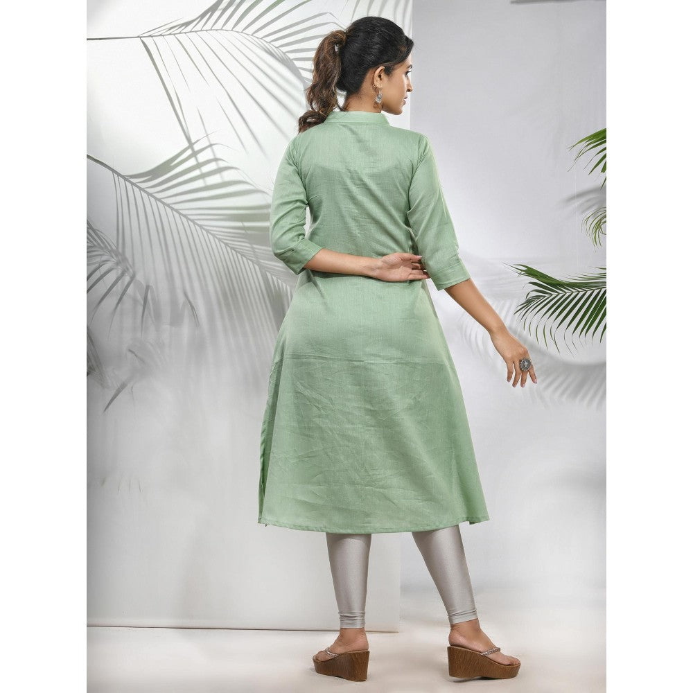 CHARUKRITI Pistachio Green Solid Cotton A-Line Kurta