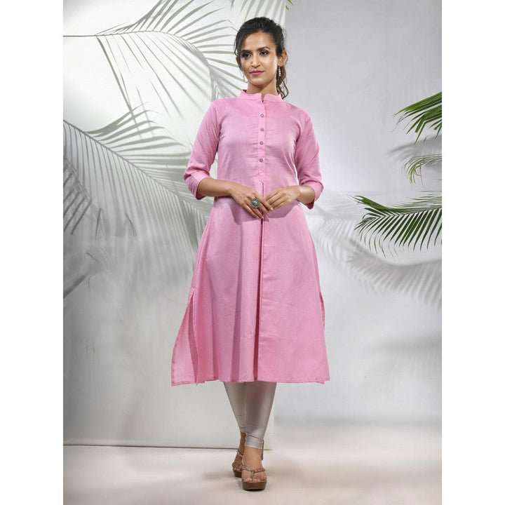 CHARUKRITI Baby Pink Solid Cotton A-Line Kurta