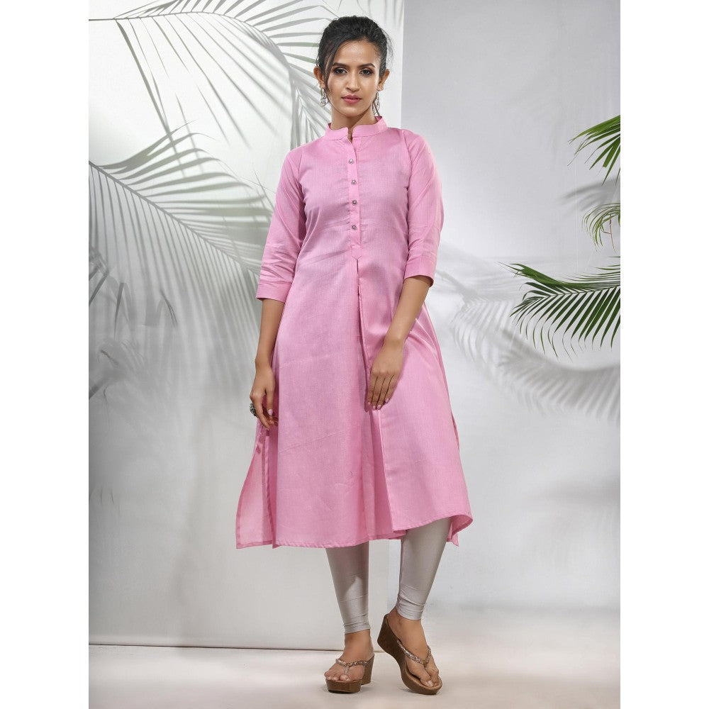 CHARUKRITI Baby Pink Solid Cotton A-Line Kurta