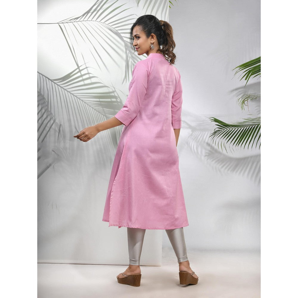 CHARUKRITI Baby Pink Solid Cotton A-Line Kurta