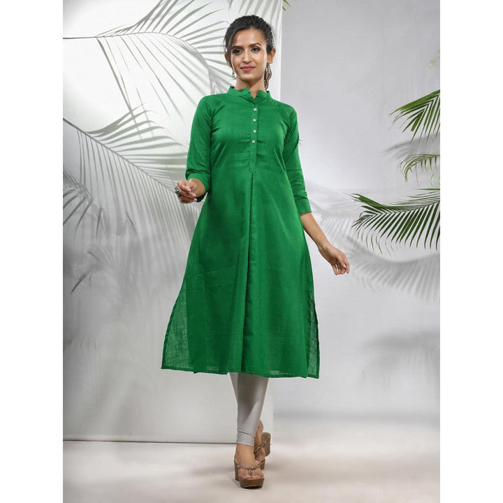 CHARUKRITI Green Solid Cotton A-Line Kurta