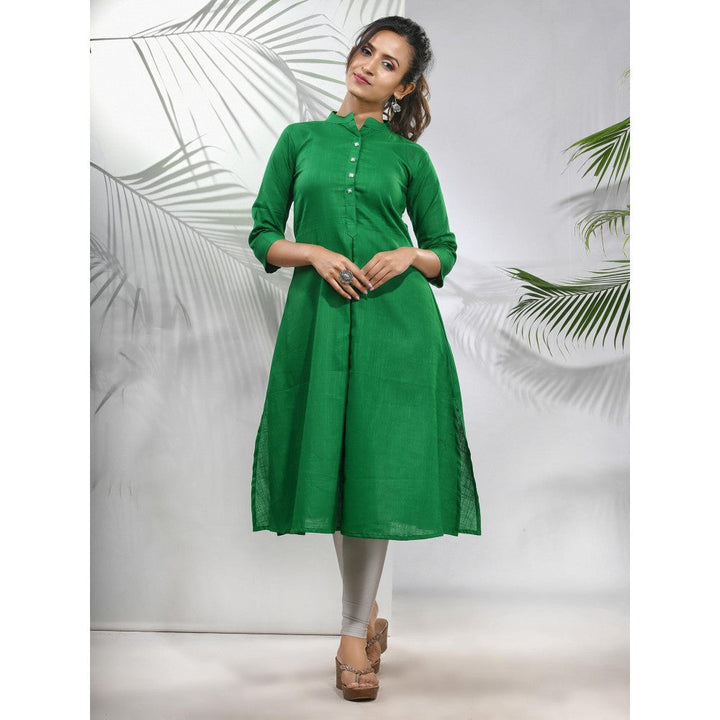 CHARUKRITI Green Solid Cotton A-Line Kurta