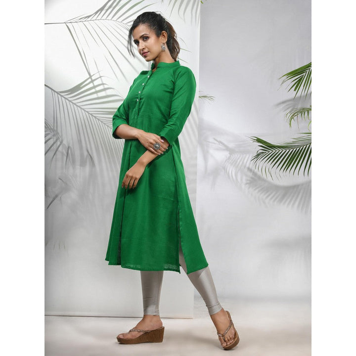 CHARUKRITI Green Solid Cotton A-Line Kurta