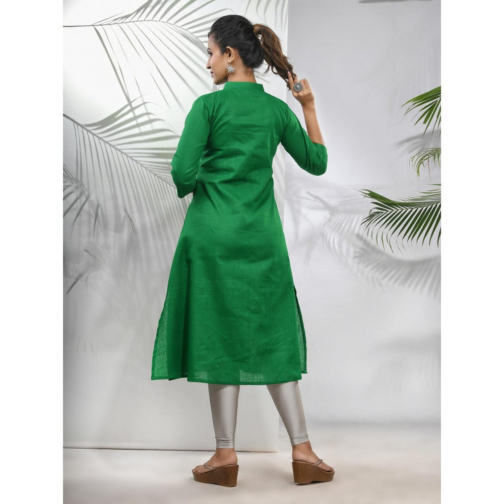 CHARUKRITI Green Solid Cotton A-Line Kurta