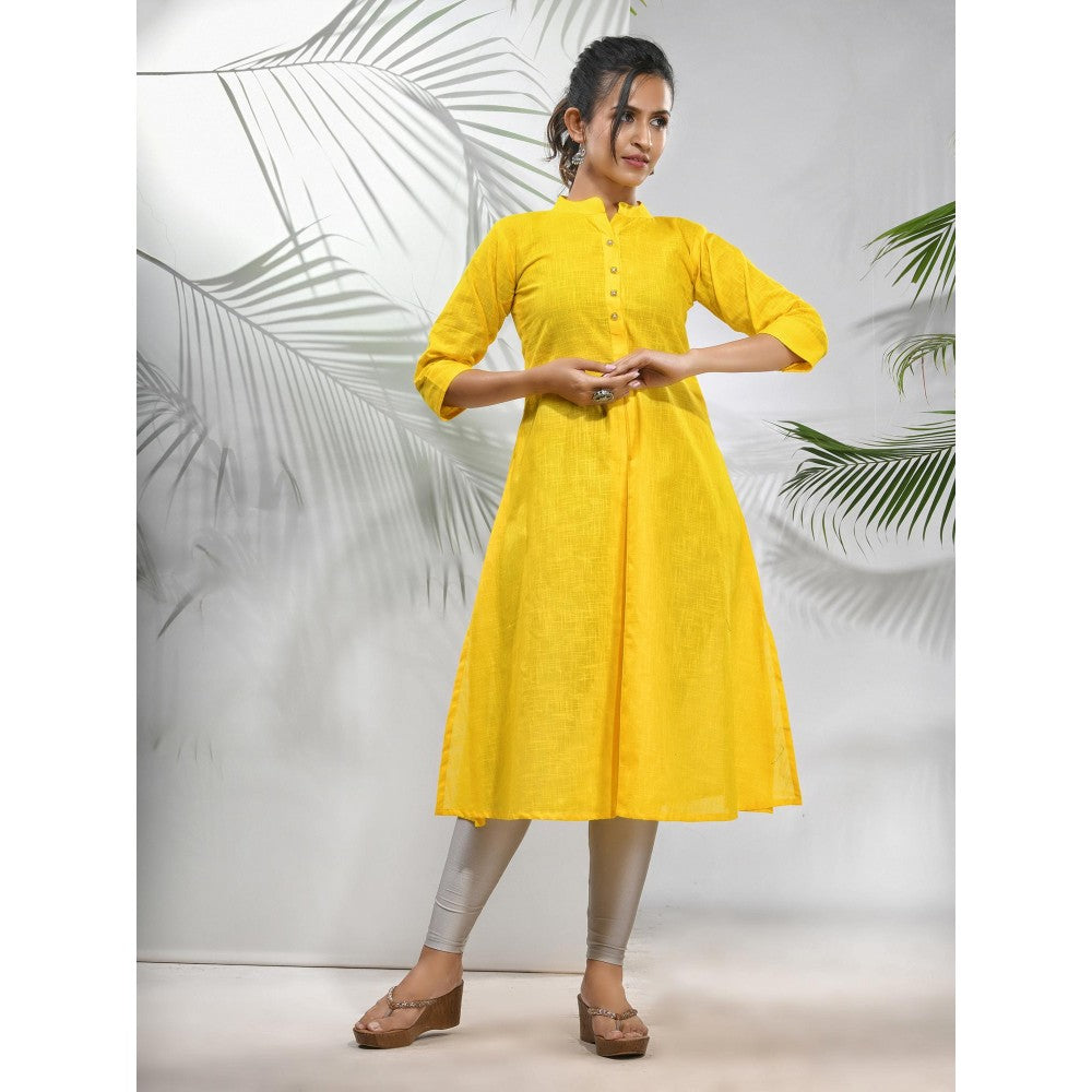 CHARUKRITI Yellow Solid Cotton A-Line Kurta